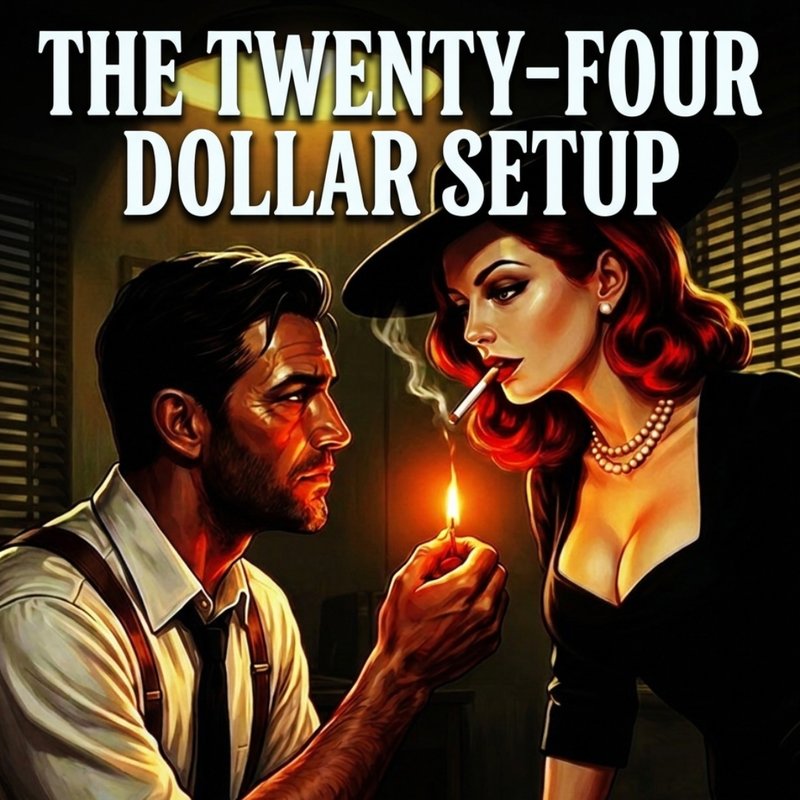 Cover of The Twenty-Four Dollar Setup: a man in shirtsleeves lights the cigarette of a red-haired woman in a black hat and pearls